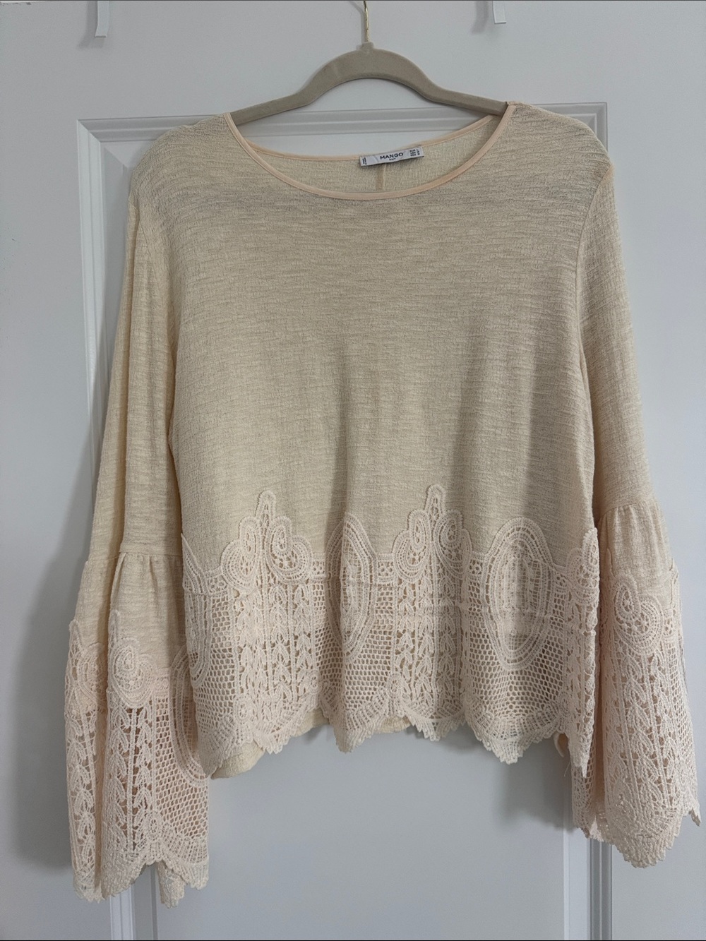 Mango Pale Cream Crochet-Hem Bell Sleeve Top